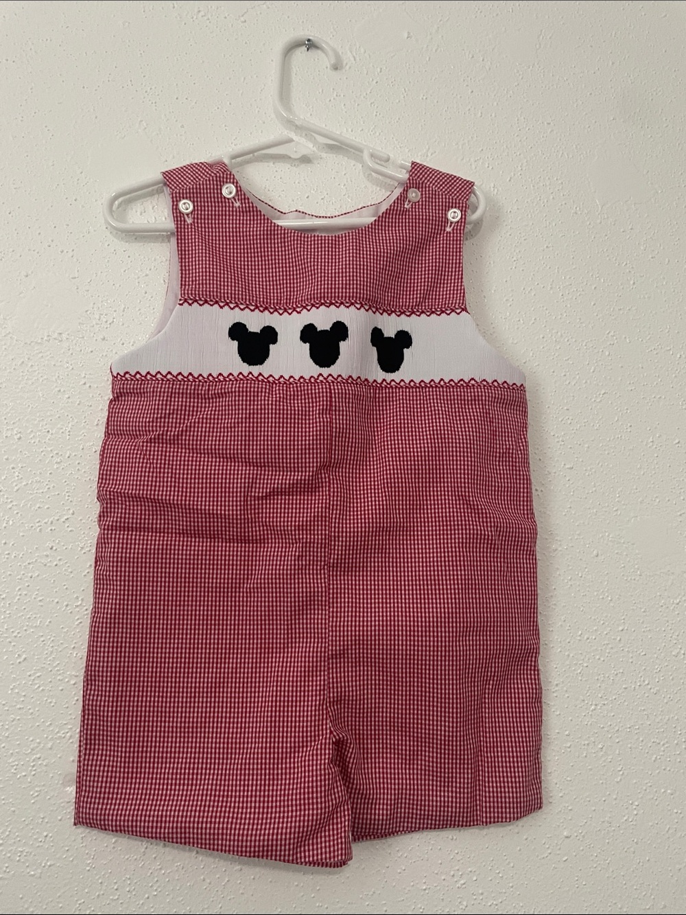 Red Gingham Kids Romper with Black Mouse Appliqué